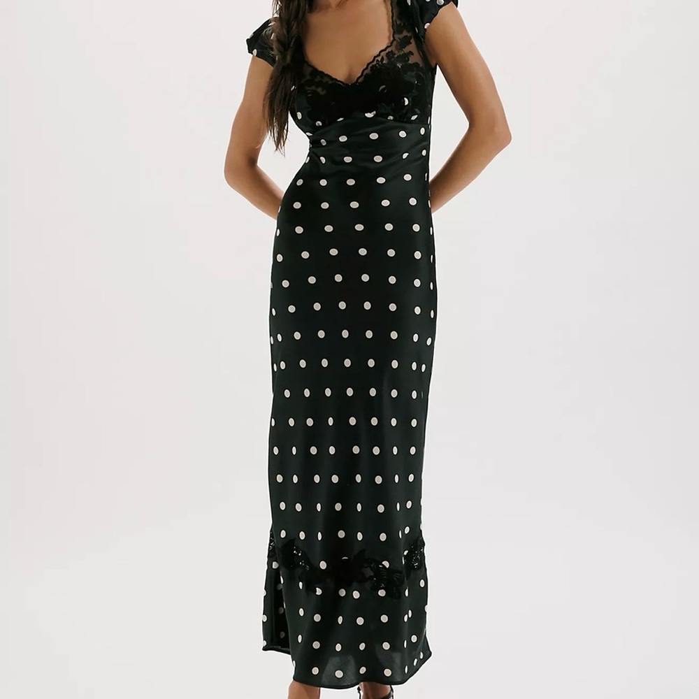 Free People Butterfly Babe Black and White Polka Dot Lace-Trim Maxi Dress Large